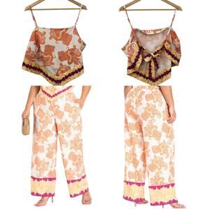 Eloquii Paisley Print 2 Piece Set Wide Leg Pants & Crop Top Tie Back Orange 18